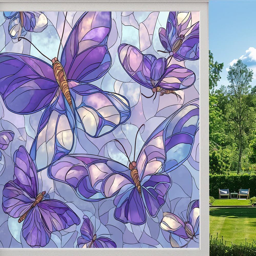 Artistic Butterfly Frosted Window Film, Vintage Beautiful Butterflies Stained Glass Privacy Film, Heat Insulation Self-Adhesive Vinyl for Bathroom Office, （45x90cm）