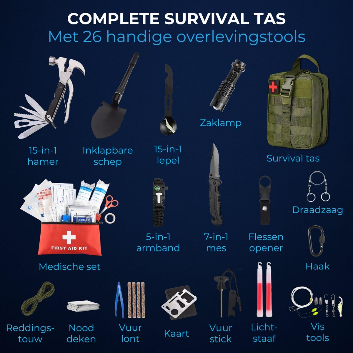 DreamGoods Notfall-Paket - Komplettpaket - 72+ Stunden Überlebenspaket - Stromausfall, Krieg & Notfälle - Katastrophenrucksack - Survival Kit - Notfallradio solar aufziehbar - Notfallbeutel - Messer