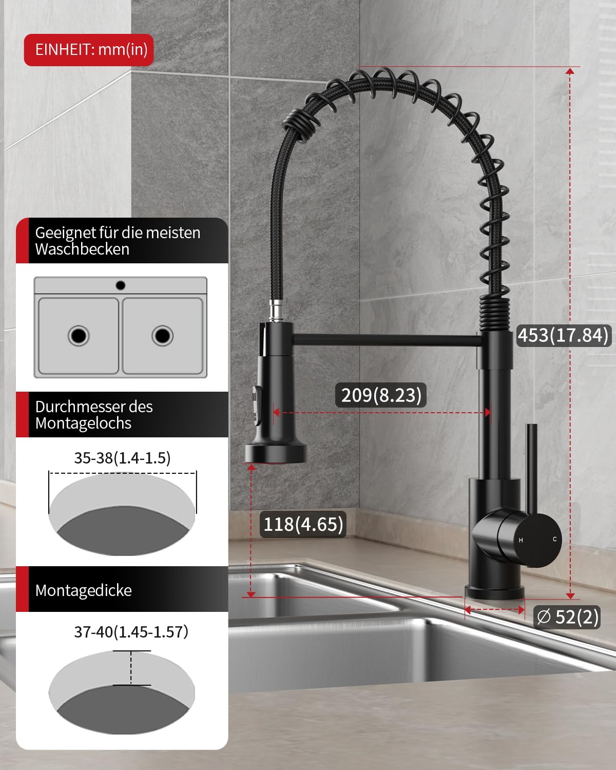 Rainsworth Wasserhahn Küche Schwarz Edelstahl - Zwei Wasserstrahlarten Hochdruck Herausziehbare Küchenarmatur mit Brause Ausziehbar, Spültischarmatur 360° Drehung Geeignet für Küchen