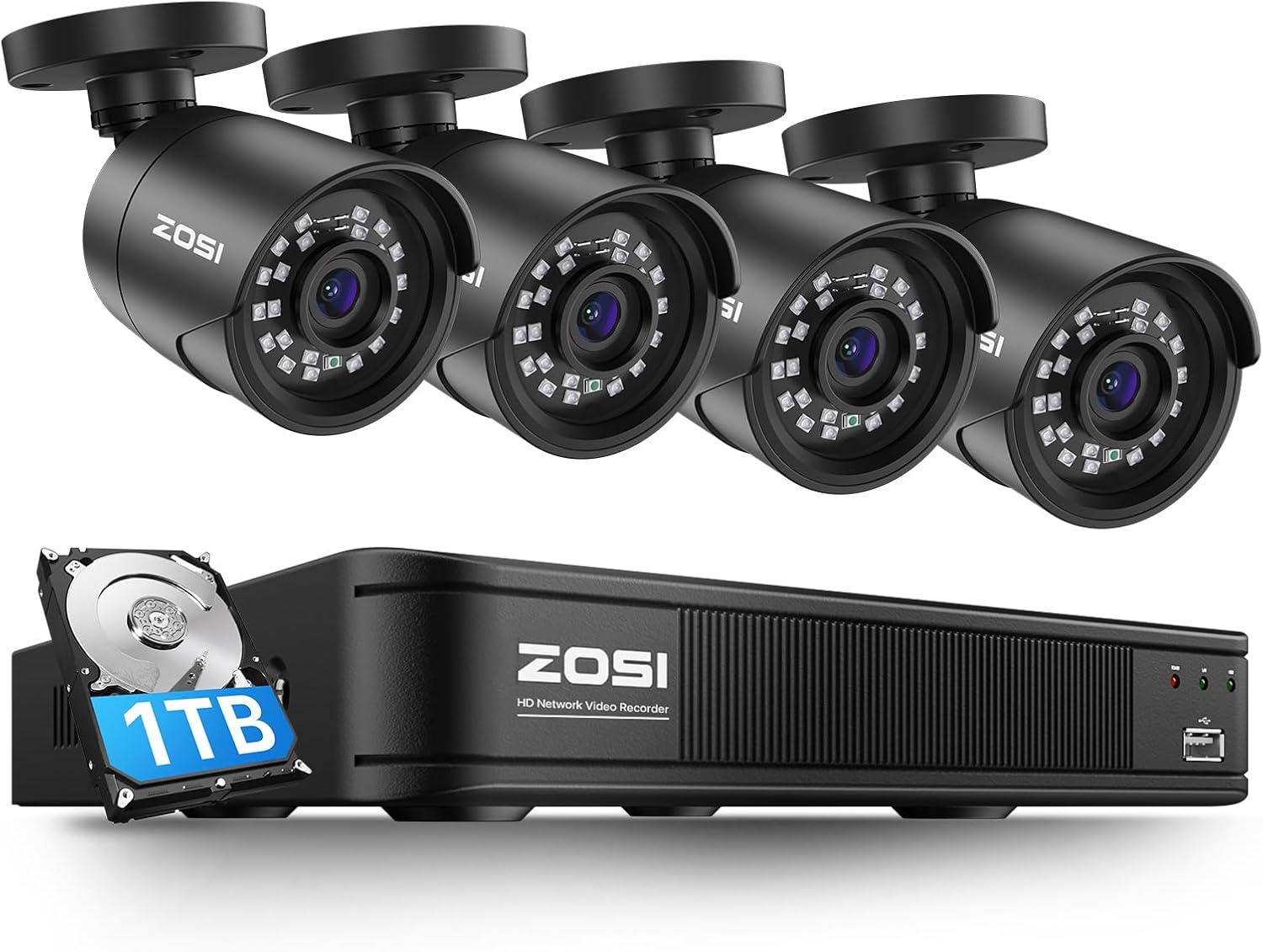 ZOSI 5MP 3K Lite CCTV Security Camera System with AI Human Vehicle Detection, 8CH H.265+ DVR and 4 x 1080p Surveillance Bullet Cameras Outdoor Indoor, 100ft Night Vision, IP66 Weatherproof, 1TB HDD