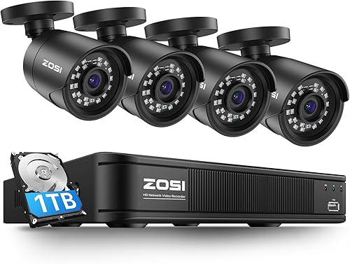 ZOSI Sistema de cámara de seguridad CCTV Lite de 5MP 3K con detección de vehículos humanos AI, DVR H.265+ de 8 canales y 4 cámaras de vigilancia de