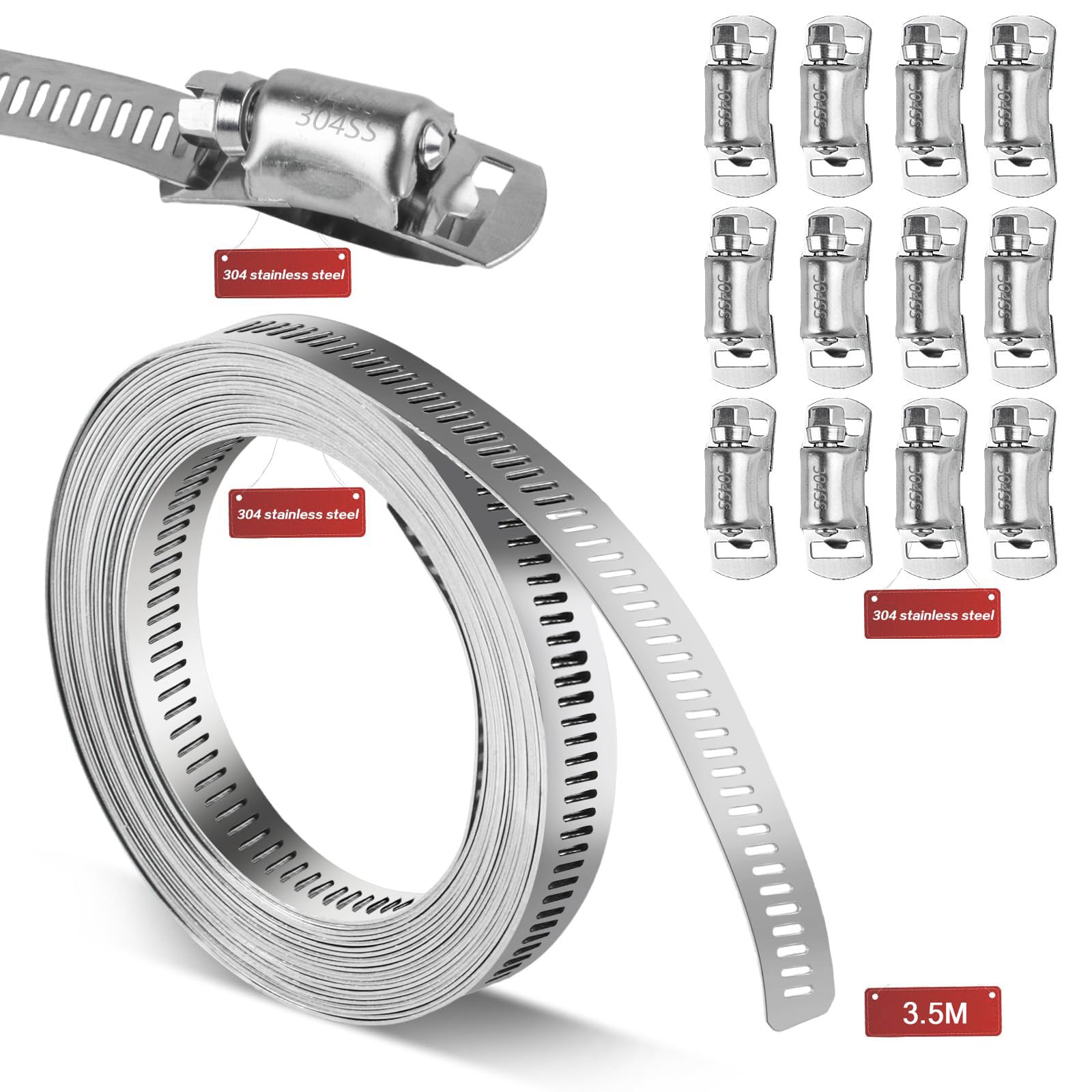 304 Stainless Steel Worm Gear Strapping Clamps, 9.84 Ft With 10 Fasteners - Pipe & Tube Plumbing Clip - Metal Hose Strap