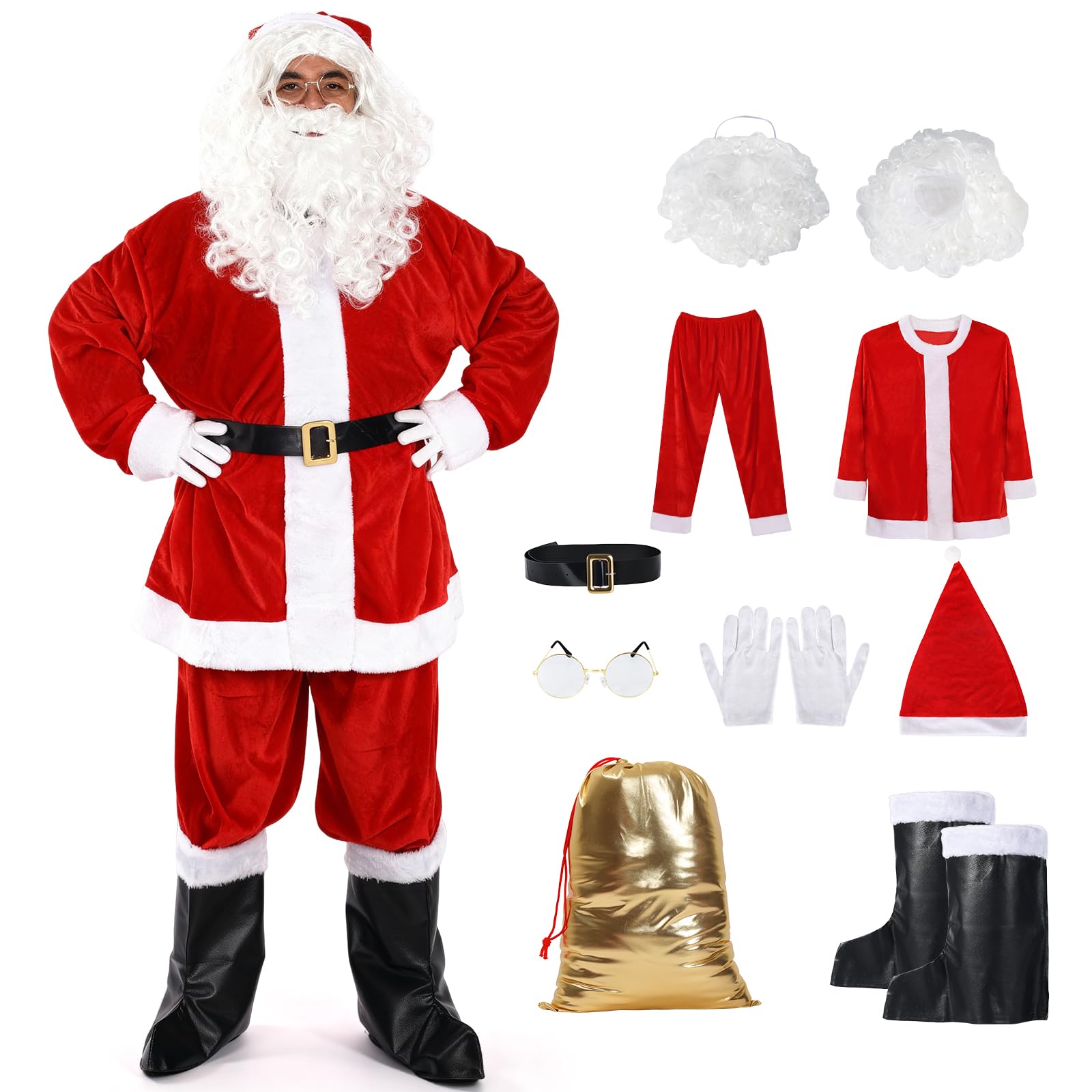 Weihnachtsmann Kostüm für Herren, 10-teiliges Weihnachtskostüm Premium Set | inkl. Bart, Sakko & Goldbeutel, Erwachsene Deluxe Santa Claus Costume für Weihnachtsfeiern, Karneval und Nikolaus Cosplay