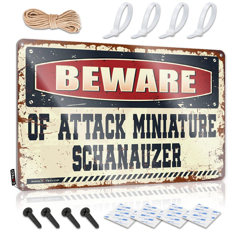 STWNVOITV Metal Signs Decor Beware Of Attack Miniature Schanauzer Tin Sign Wall Signs Garage Decor For Men(30X40CM)