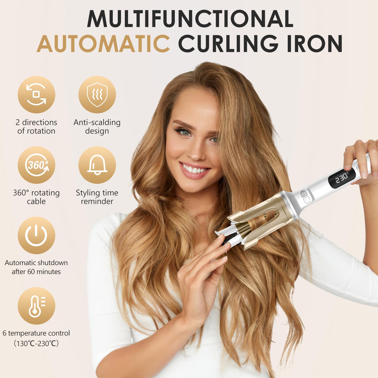 Fer a Boucler Cheveux Automatique, Fer a Friser avec 6 Réglages de Température avec LCD Écran, Friseur Cheveux Femme, Boucleur Céramique pour Cheveux Longs/Courts (Blanc)