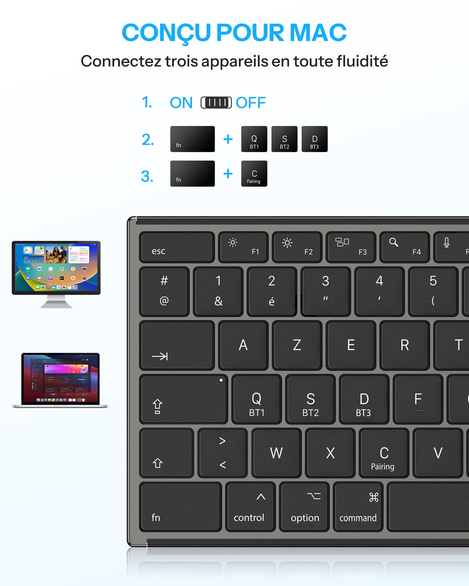 OMOTON Clavier Bluetooth pour Mac, Clavier sans Fil Métal Rechargeable Multi-dispositifs avec 3 Canaux Bluetooth pour Apple Mac Pro/Mini, MacBook Pro/Air, iMac, AZERTY Français