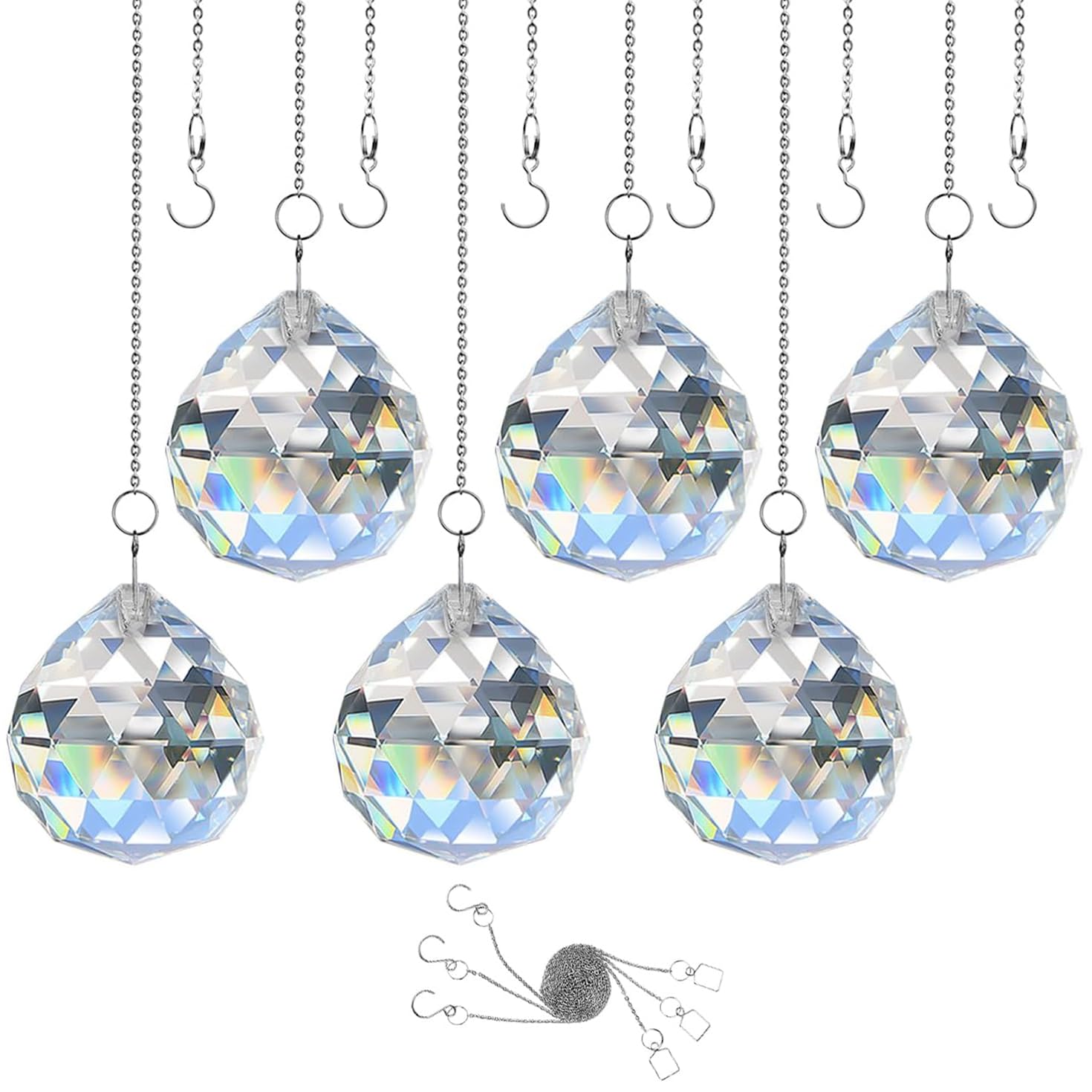 Sun Catcher with Chain & Hook for Easy Hanging - 6 Pack 40mm Rainbow Maker Prism, Crystal Ball Glass Beads Pendant for Windows Decoration, DIY Crafts, Gift Idea
