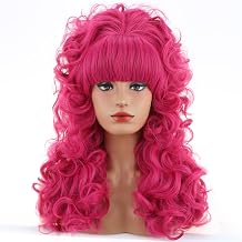 MAGQOO 80s Long Curly Hot Pink Cosplay Wig with Bangs 60s 70s 80s Queen Disco Beehive Wig for Women Halloween Cosplay Costume Wig