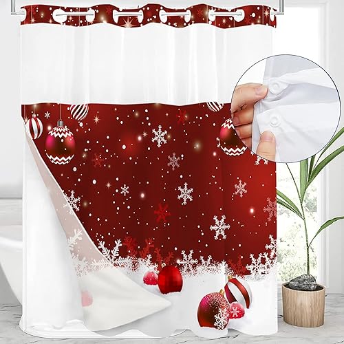 Miniatura 2 de PAOPOED Cortina de ducha de Navidad sin gancho, copos de nieve de Navidad rojos, bolas de Navidad divertidas con purpurina brillante, cortinas de