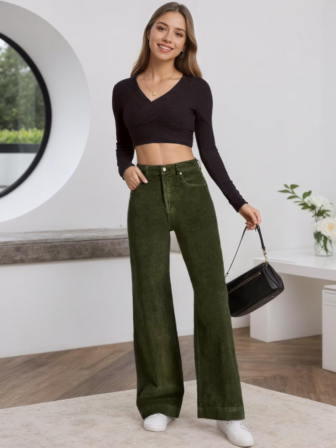 Corduroy Pants Women Straight Leg Pants for Women Trendy Casual Elastic High Waisted Winter Trousers with Pockets