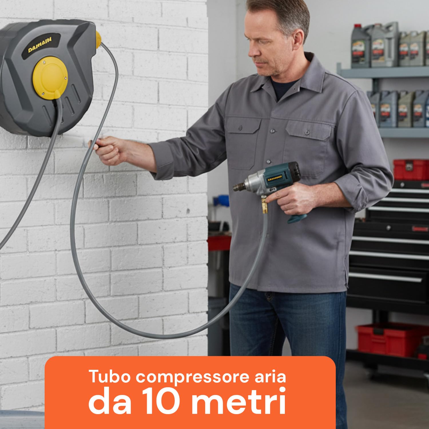 Enrollador de aire comprimido de 10 m con rebobinado automático, tubo para compresor de aire de PVC resistente, montaje en pared o techo, compacto y flexible
