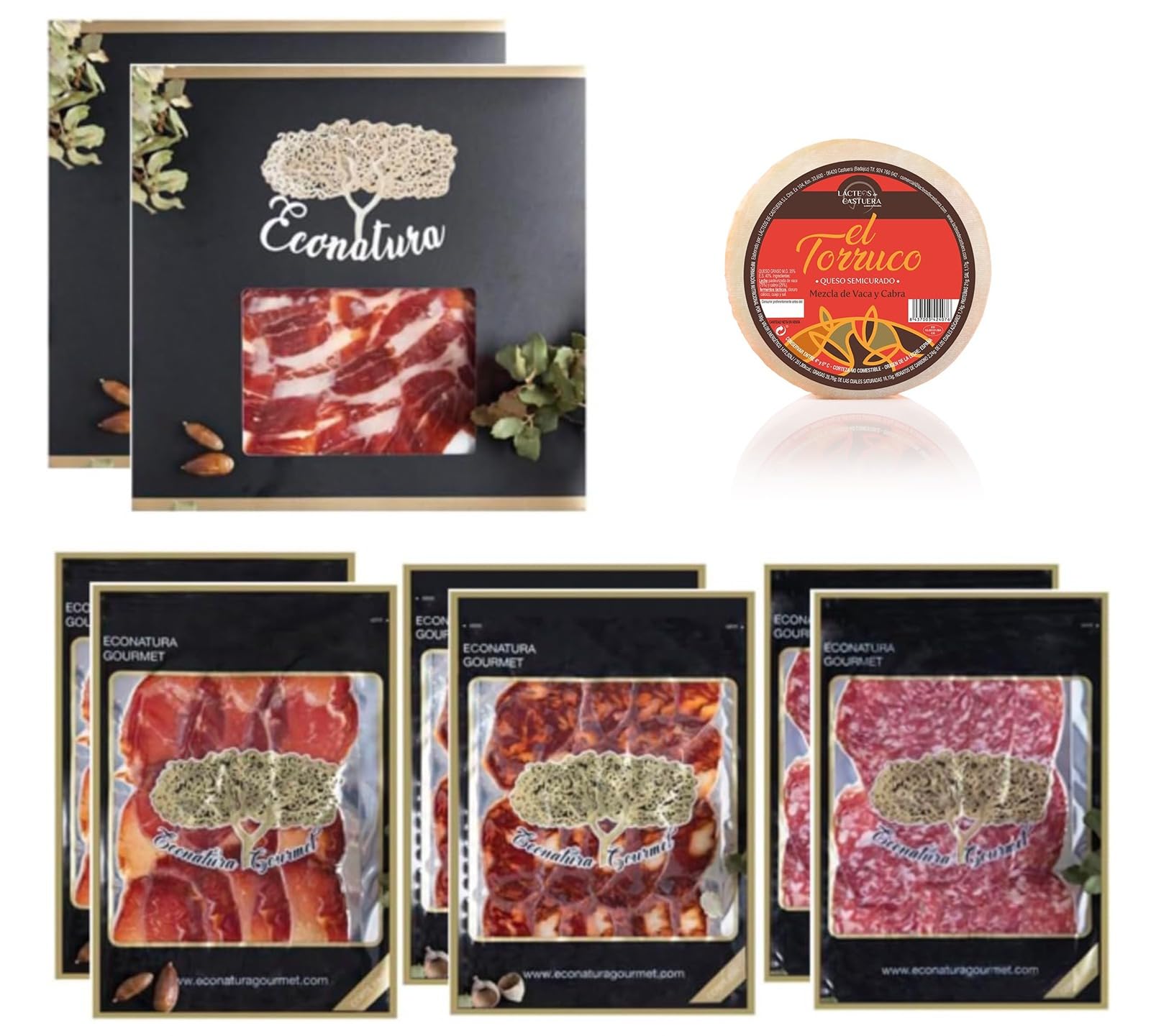 Cesta Gourmet para regalar. Jamón Ibérico Bellota, Salchichón Ibérico, Chorizo Ibérico, Lomo Ibérico, Queso semicurado. Cesta gourmet Ibérica.