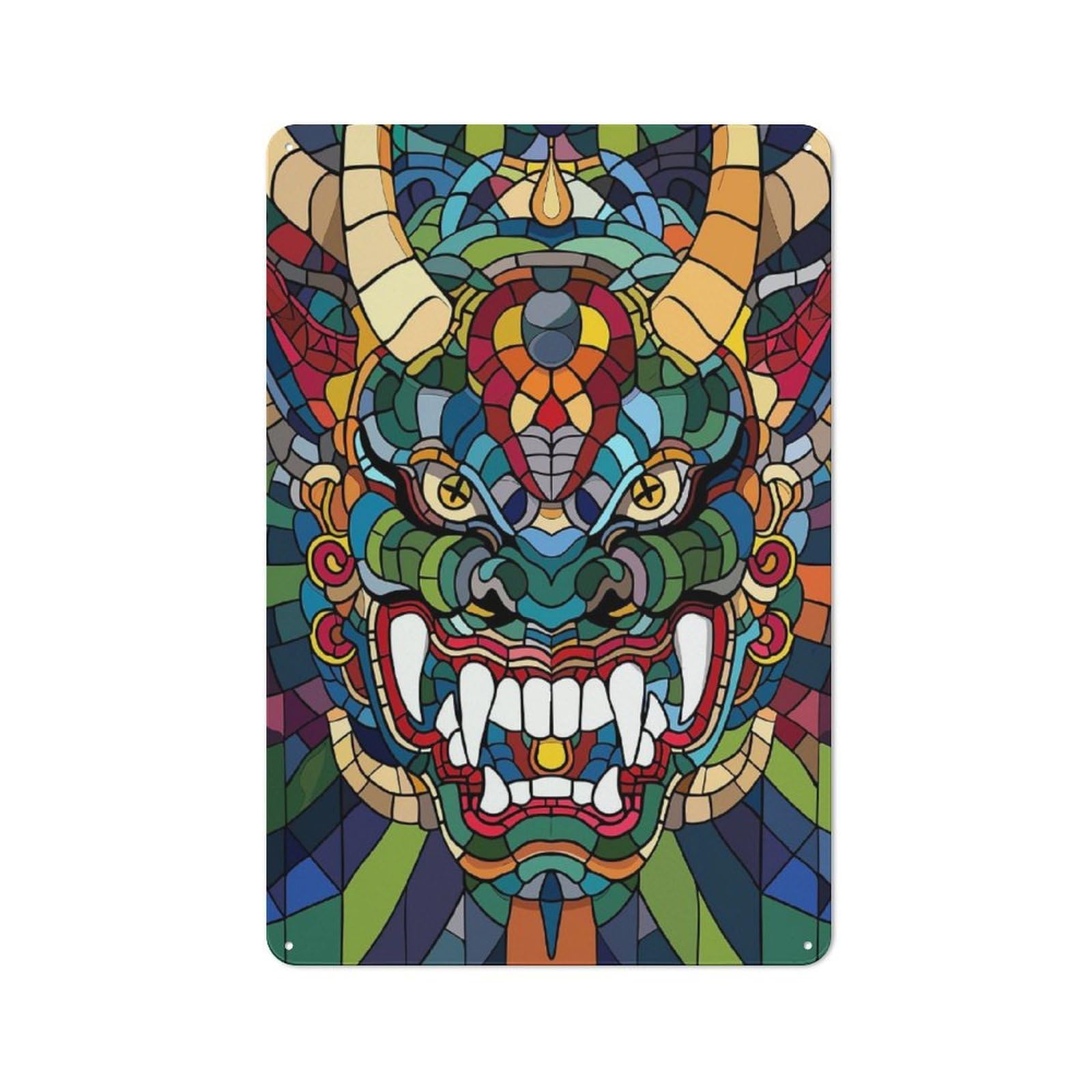 Junmoney Style-13 For Living Room Or Hallway, Stained Glass Dragon Mask Vintage Metal Sign 30X20cm, For Metal Sign Collectors, For Garage And Workshop Walls