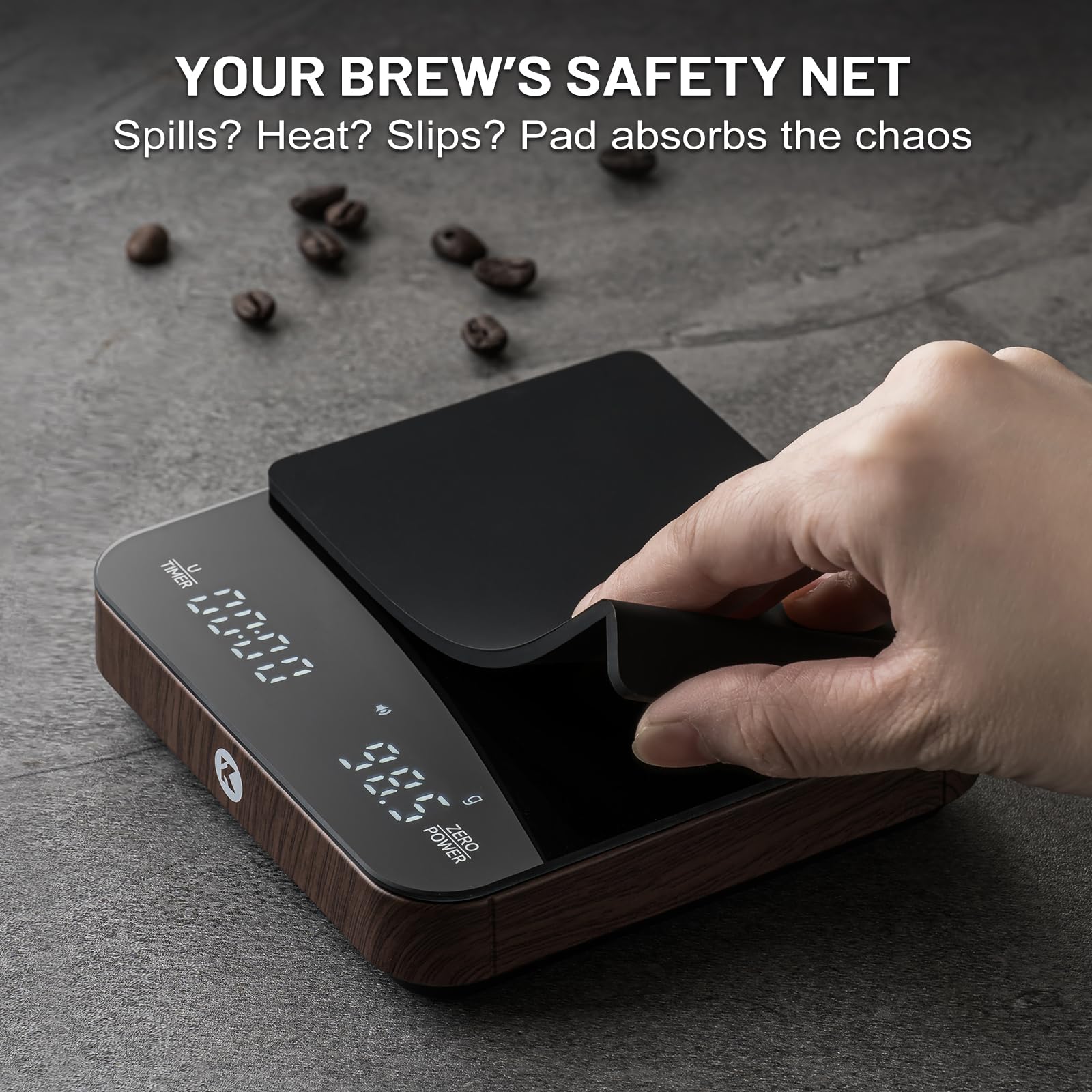 KitchenTour CaféMetric - Báscula de café con temporizador de 0,1 g/2000 g, escala pequeña de precisión para espresso y vertido, mini báscula con pantalla LED (madera, recargable)