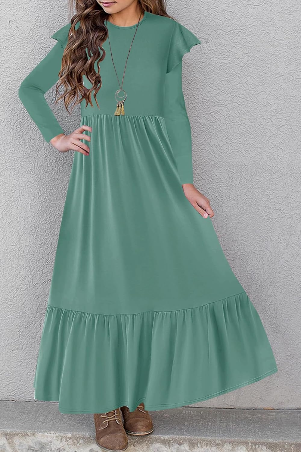 HOSIKA Girls Fall Ruffle Long Sleeve Crew Neck Loose Casual Flowy Tiered Maxi Dress with Pockets for 6-12 Y - Image 4