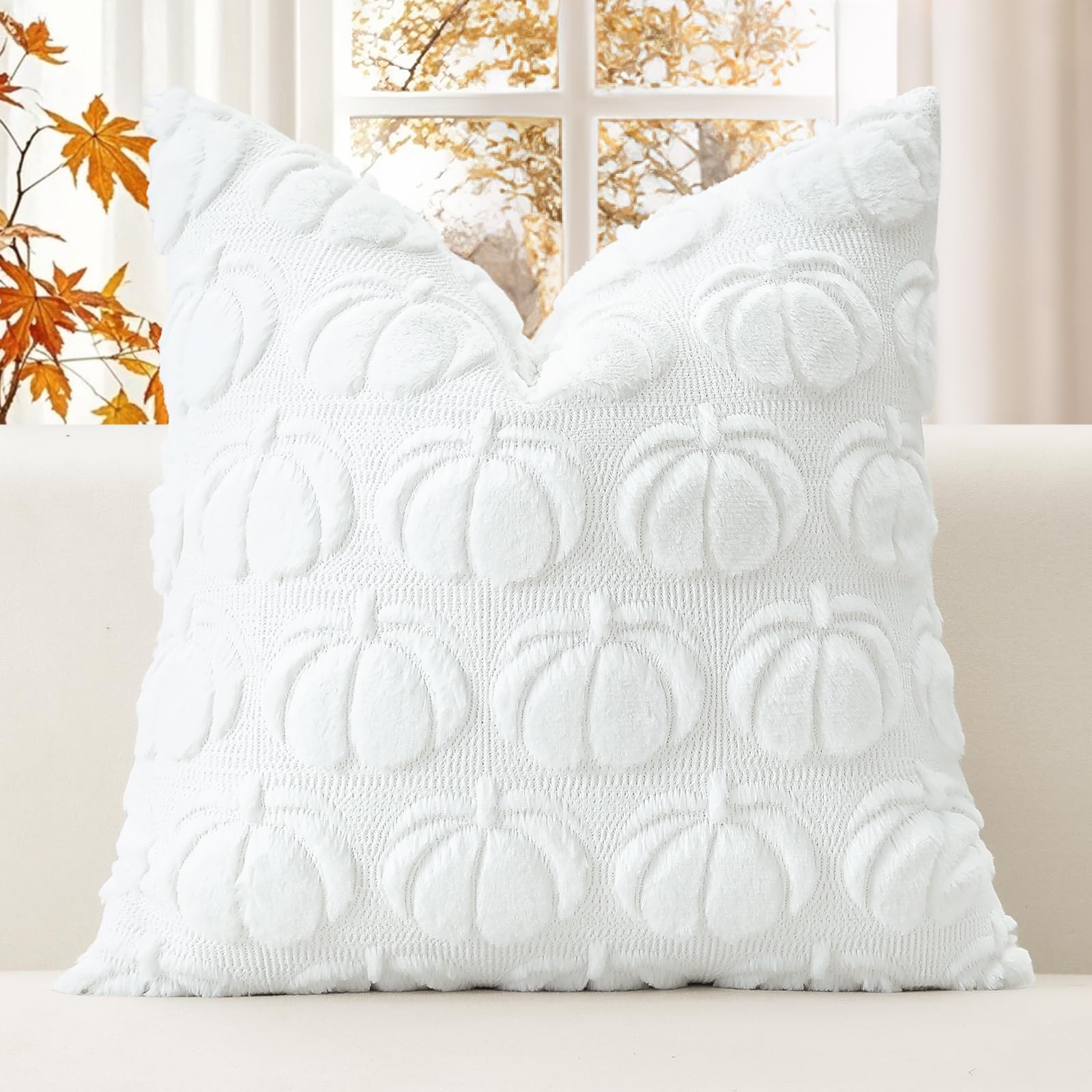 JOTOM White Pumpkin Fall Cushion Covers 50x50cm Soft Plush Faux Fur Autumn Thanksgiving Decorative Throw Pillow Covers Pillow Case for Home Bedroom Couch Sofa Decor (White)