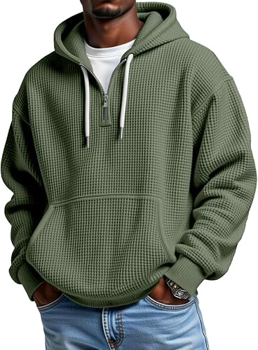 Quarter Zip Hoodies Men Waffle Knit Sweat Shirt for Mens Drawstring Hooded with 