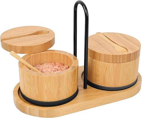 Miniatura 8 de Beardo - Sal de bambú con tapa y cuchara, caja de sal negra, fácil de distinguir las especias en el tazón, recipiente de sal con tapa giratoria