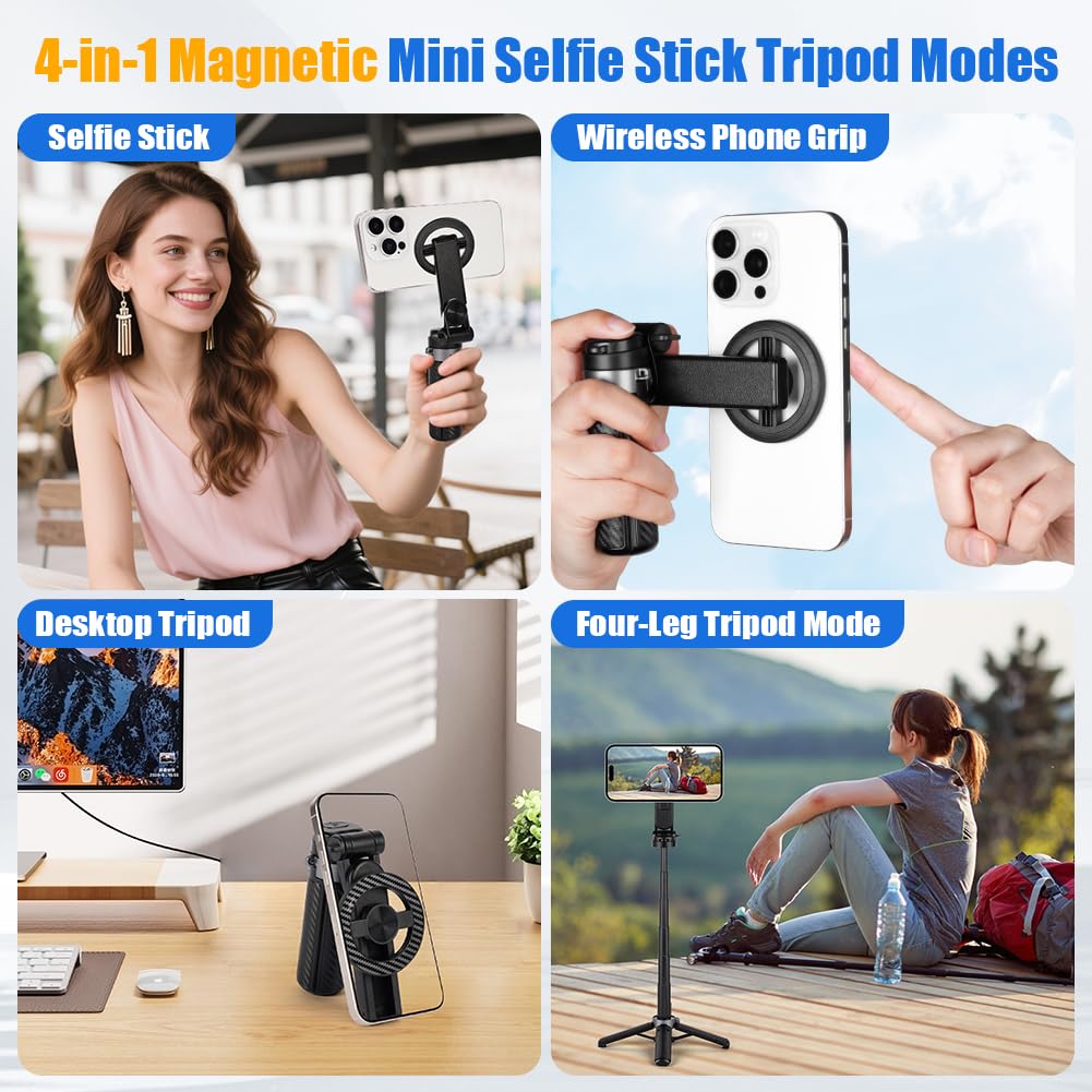 Ainiv Magnetyczny statyw na telefon komórkowy, 4 w 1, statyw do selfie, obracany o 360°, stojak na telefon z bezprzewodowym pilotem zdalnego sterowania, składany stojak na telefon komórkowy