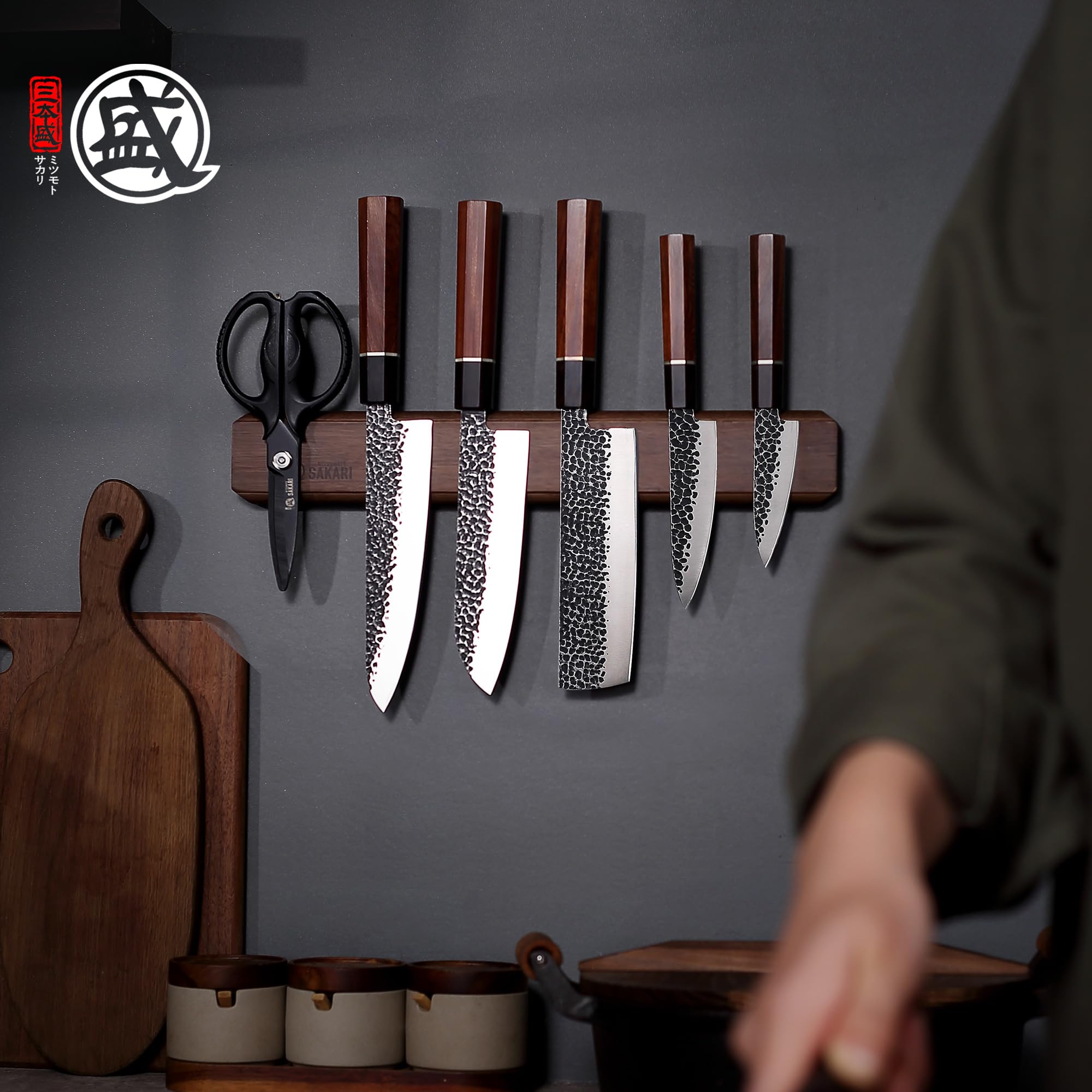 MITSUMOTO SAKARI Soporte Cuchillos Cocina Profesional, Iman para Cuchillos | 40 cm Madera Preciosa de Acacia Iman Cuchillos Cocina Japón, Porta Cuchillos Cocina Magnético de Madera Maciza de Doble Fila