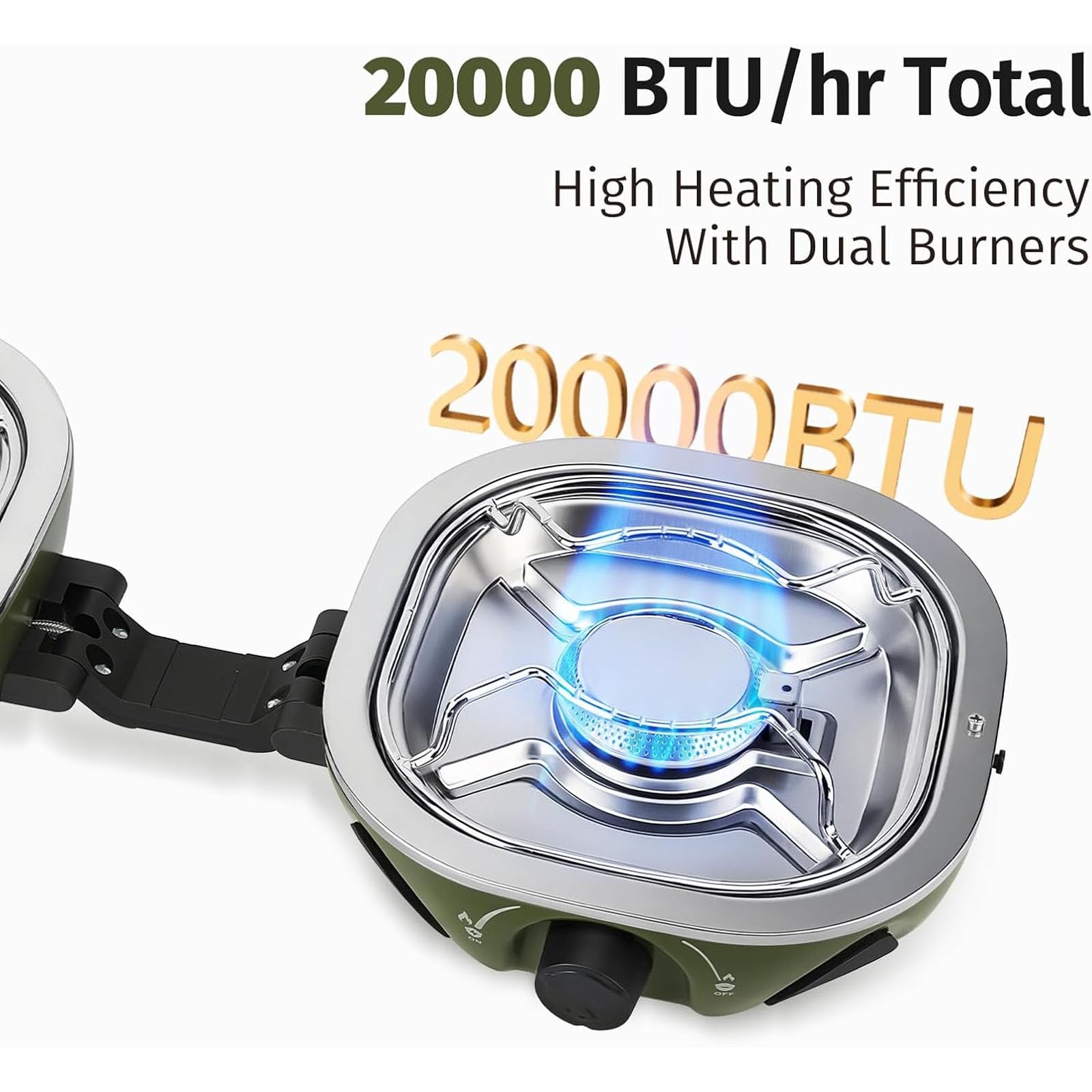 Estufa de camping portátil, diseño plegable de 2 quemadores, 20,000 BTU, quemadores ajustables para cocinar, ideal para acampar en coche, caravana, portón trasero, incluye bolsa de transporte