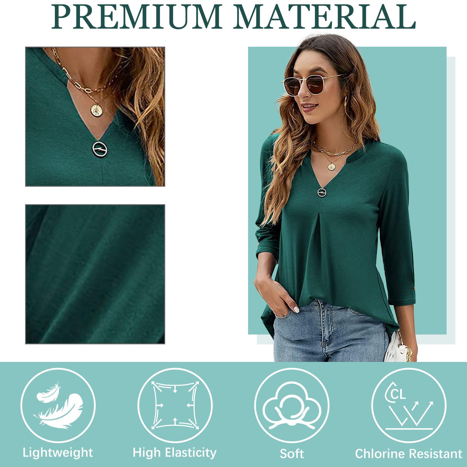 Bluzka 3/4 Rękaw Bluzki Damskie Dekolt w serek Jednolity kolor Casual Top Eleganckie Luźne Koszule T Shirt