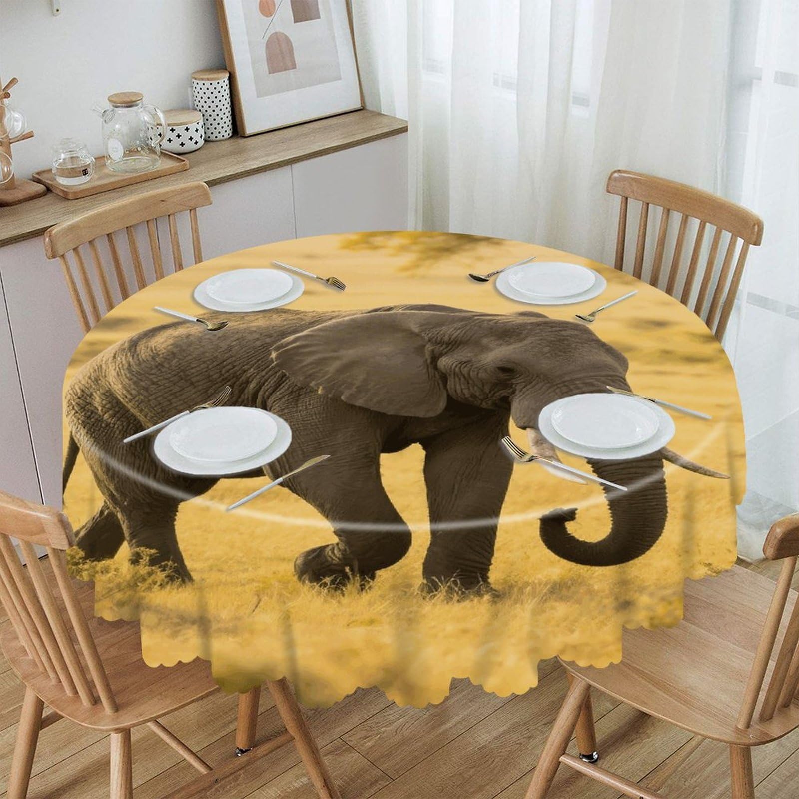 VstaDank Elephant Round Tablecloth Wipeable Round Polyester Tablecloth Waterproof Wrinkle Free Indoor and Outdoor Table Cover 60 Inch Decorative Farmhouse Table Cloth for Dining