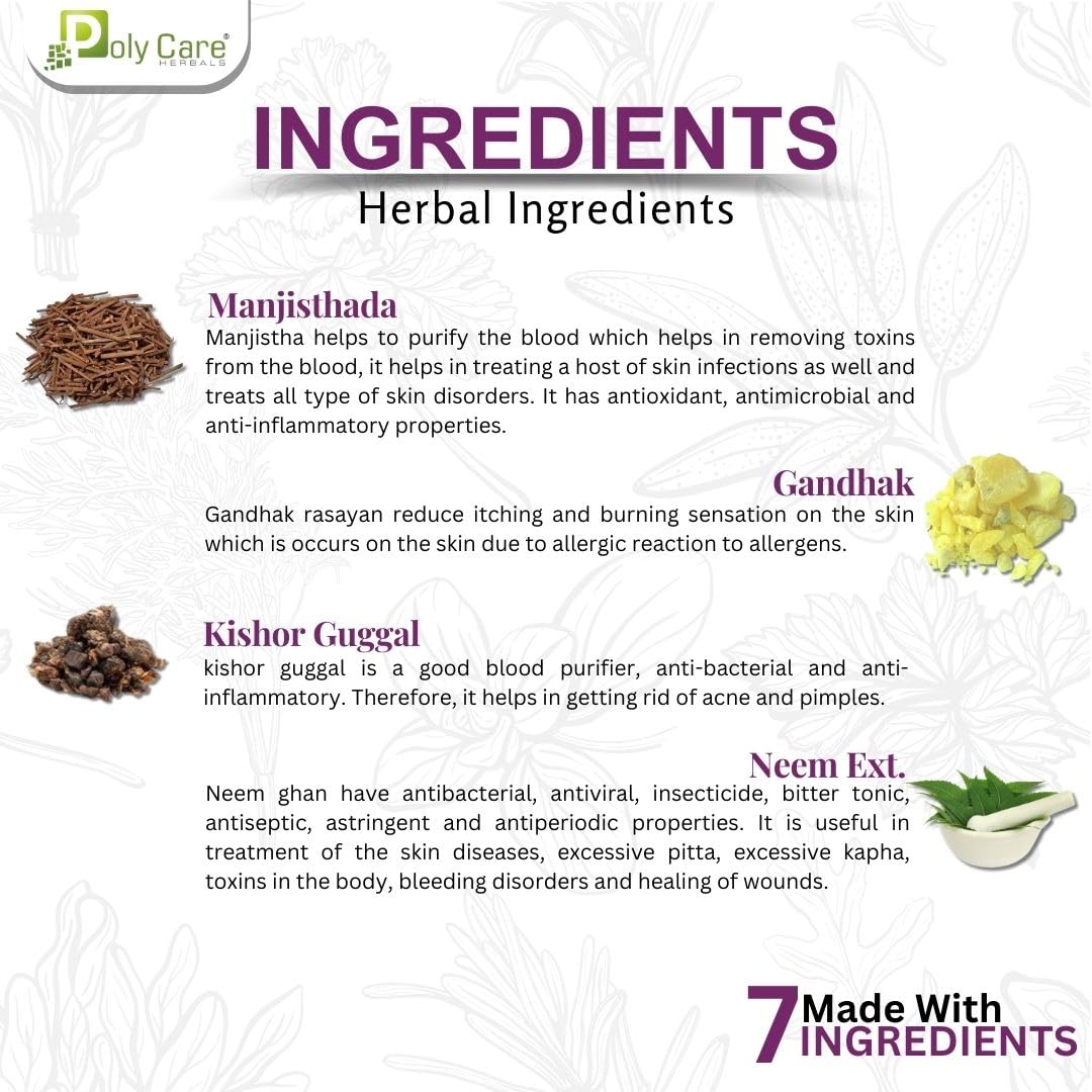 POLY CARE Polyrin Tablet (10 X 10 Cap. Blister Pack) | Helps In Allergic Skin Care | Made With Neem Ghan, Manjisthadi Ghan, Kishor Guggal And Other 5 Ayurvedic Ingredients. 3 71Vf5EAtVhL. SL1080