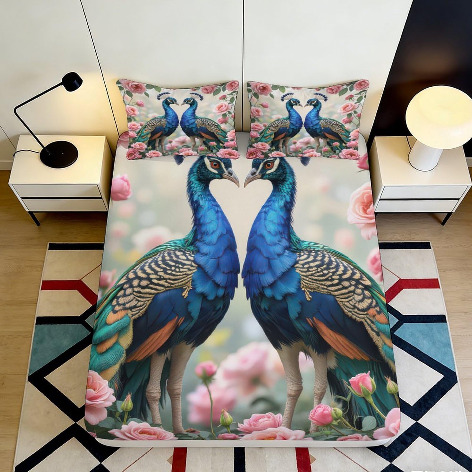 Jqzkxnhpbr Style-8 3D Printed Blue Peacock Fitted Sheet Microfiber Anti-Slip Floral Bed Cover For Bedroom Guest Room Mattress Protection 90X200x25cm