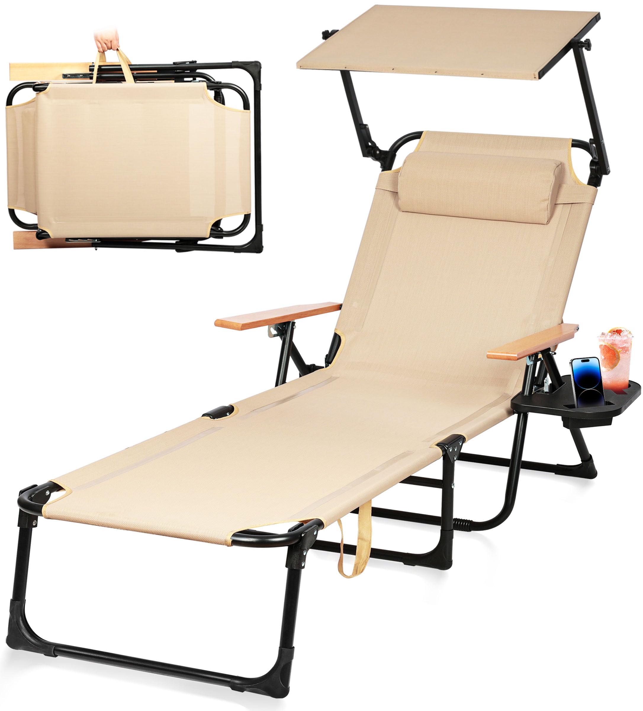 Sonnenliege Klappbar Wetterfest, 4-Fach Gartenliege mit Sonnenschutz & armlehne, Garten Liege mit Kopfkissen und Getränkehalter, Camping Liegestuhl für Garten, Terrasse, Pool (Beige)