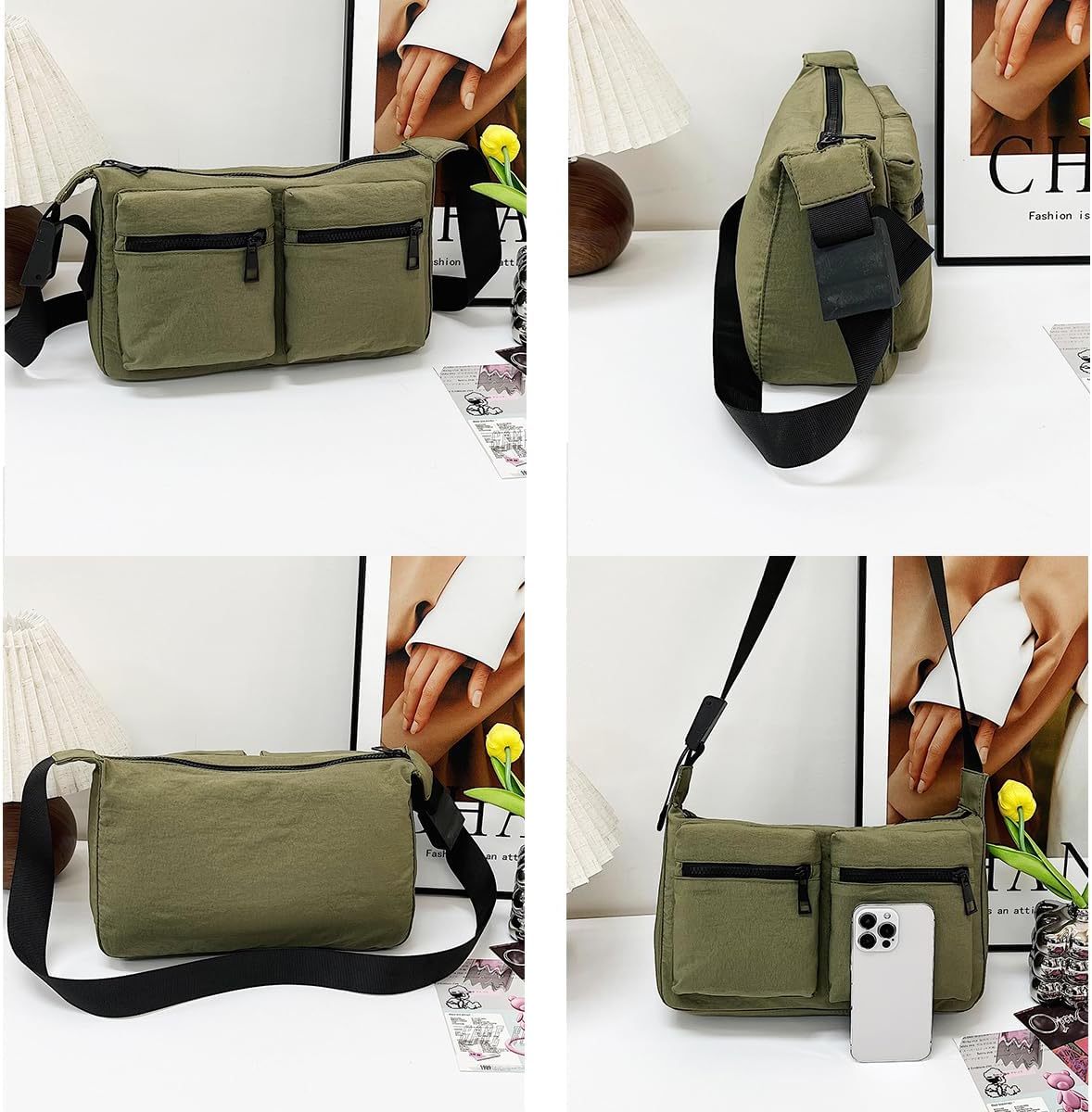 Nylon Crossbody Messenger Bag for Women, Casual Shoulder Bag Hobo Tote Bag with Multiple Pockets for Work College Daily Green - Image 5