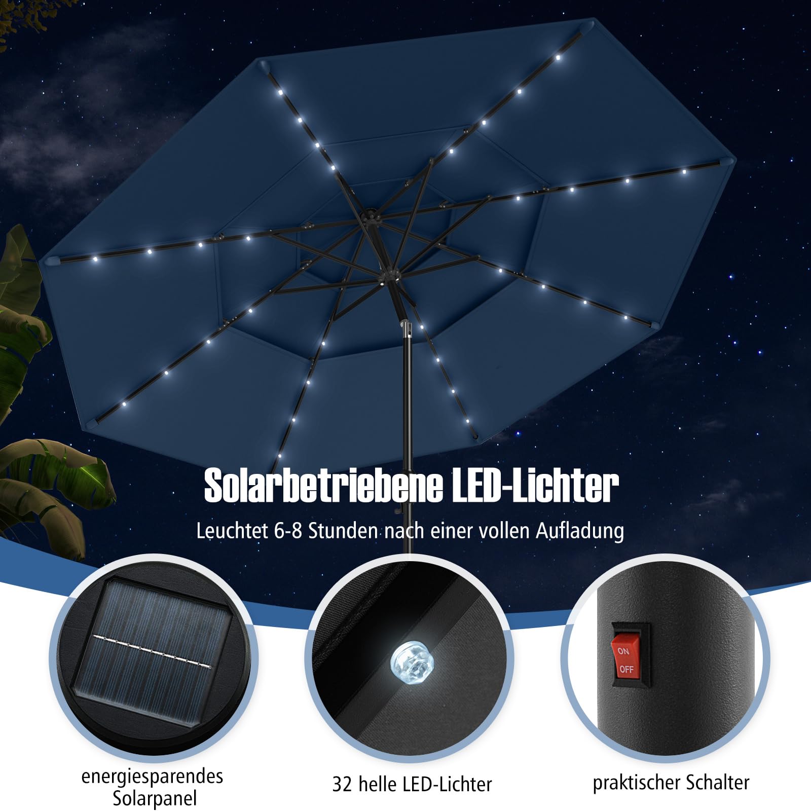 COSTWAY Parasol przeciwsłoneczny z oświetleniem solarnym LED, 300 cm, odporny na wiatr, stabilny, parasol tarasowy z korbą, obustronnie zginany o 35°, parasol balkonowy, do ogrodu, na balkon