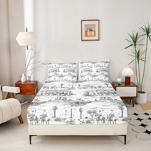 Miniatura 5 de Southwest Cowboy - Juego de sábanas tamaño King, juego de ropa de cama del desierto occidental, 4 piezas, color negro y blanco, para niños, hombres,
