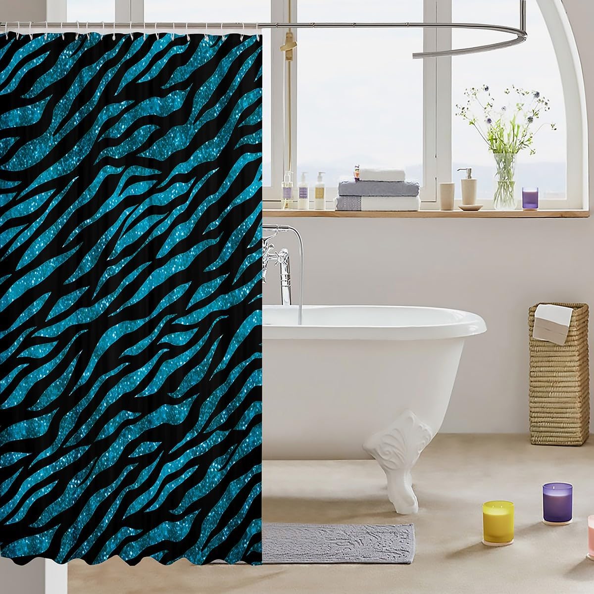 Manfei Kids Teal Glitter Shower Curtains Teal Zebra Print Waterproof Bath Curtains with 12 Hooks Suits for Bathtub, Wild Animal Print Bathroom Curtains for Boys Girls Room Decor, 72" W x 78" L image 3
