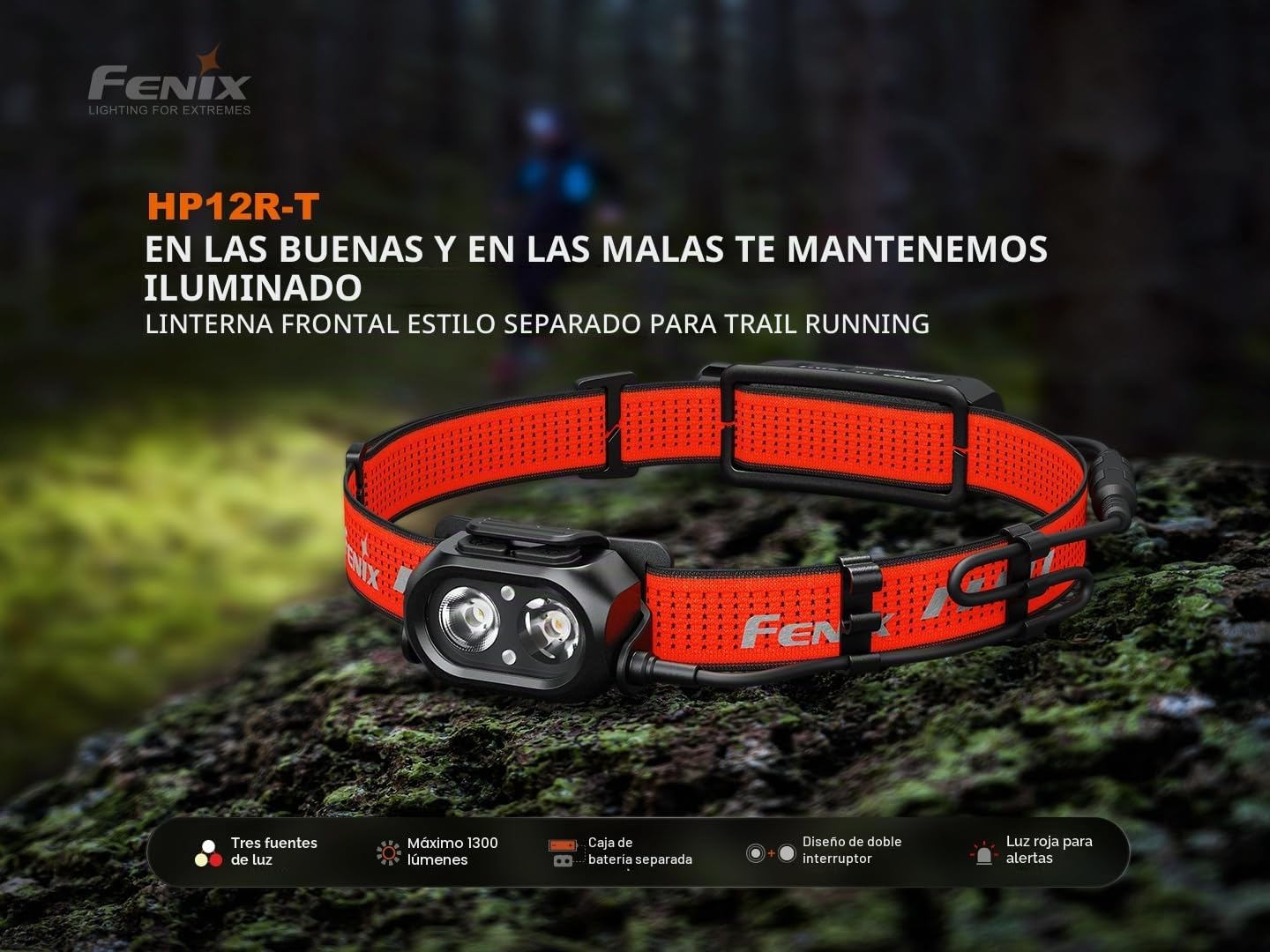 Fenix HP12R-T - Linterna frontal roja recargable para correr y exteriores, 1300 lúmenes, 200 m, 310 horas máximo, luz blanca fría + haz puntual blanco cálido, carcasa de batería trasera con luz de
