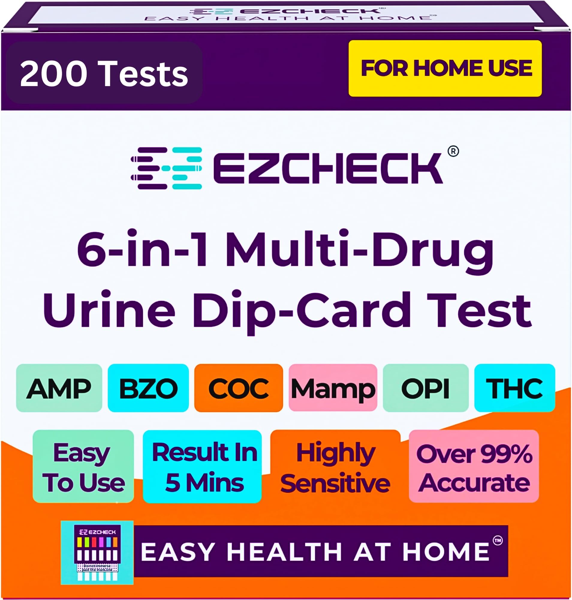 [200 Pack] EZCHECK® 6-Panel Drug Test - at-Home Rapid Urine Screening Kit for 6 Most Used Drugs: (THC-Marijuana, BZO-Benzos, MET-Meth, OPI/MOP-Opiates, AMP-Amphetamine, COC)