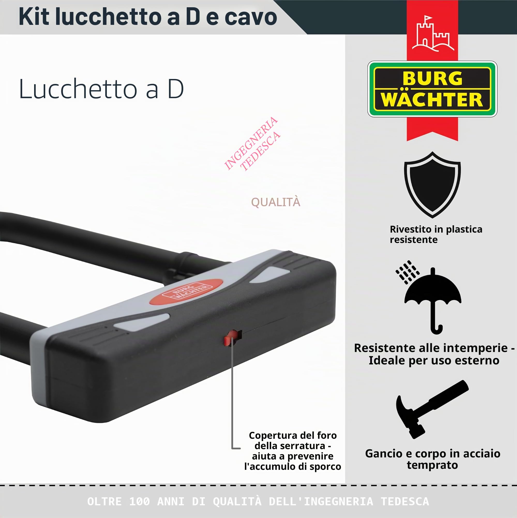 Burg Wächter 1600HB 1600 HB KIT Gold Sold Secure, lucchetto a D per bicicletta, nero, cavo largo 2,1 m