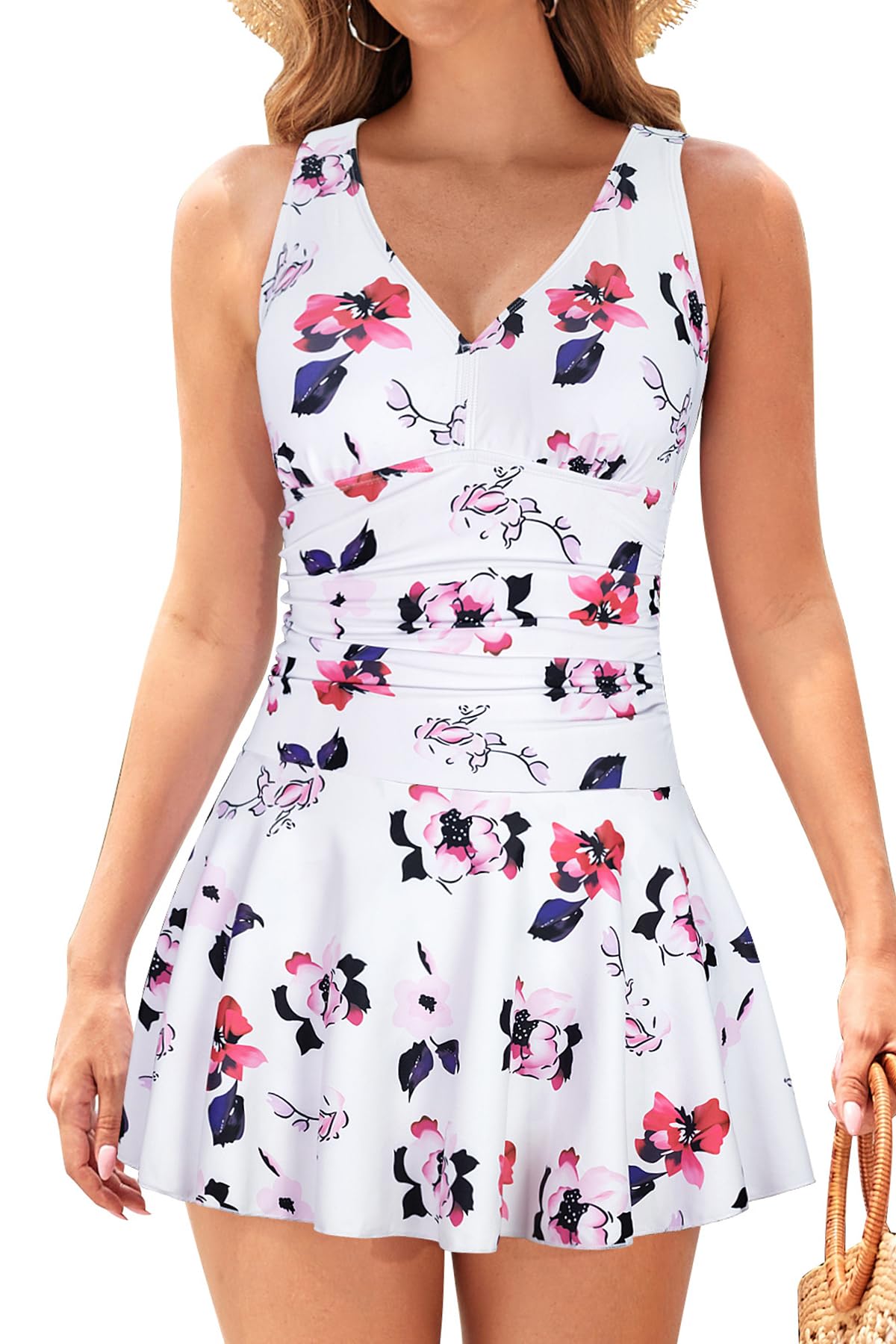 SHEKINI Traje de Baño de Una Pieza con Control de Barriga para Mujer Cuello en V Profundo Sin Espalda Monokini Recorte Traje de Baño Acolchado Impreso Traje de Baño