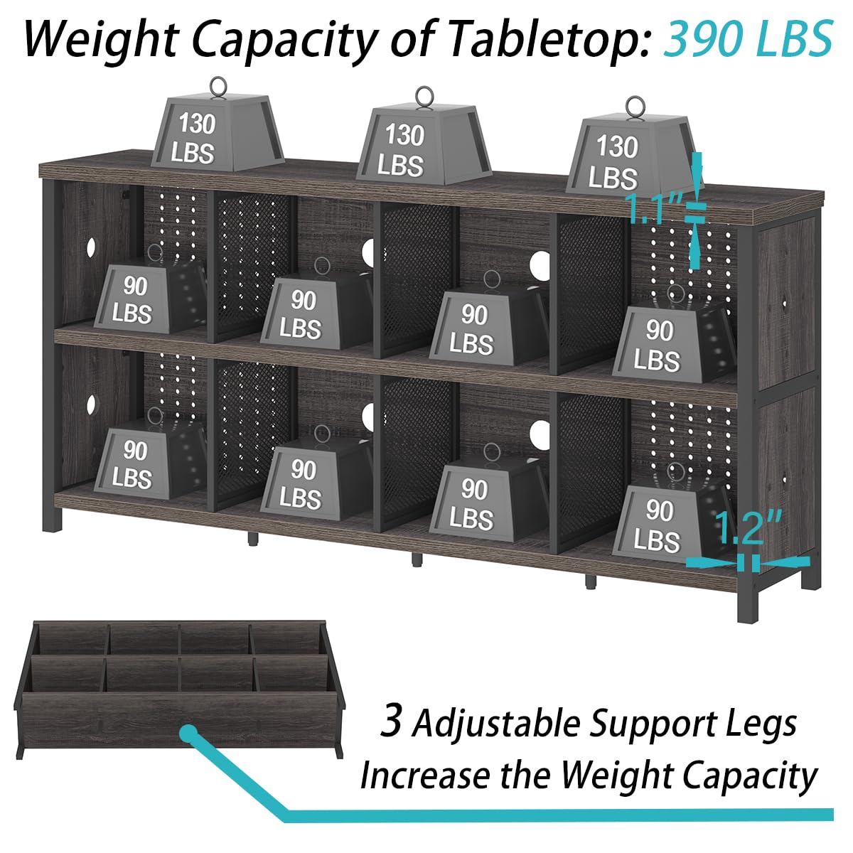 LVB Bücherregal Standregal mit Holz und Metall Bücherschrank mit 8 Offene Fächer Würfelregal Büroregal horizontal für Wohnzimmer Homeoffice Kinderzimmer Dunkelgrau 34T x 160B x 76H