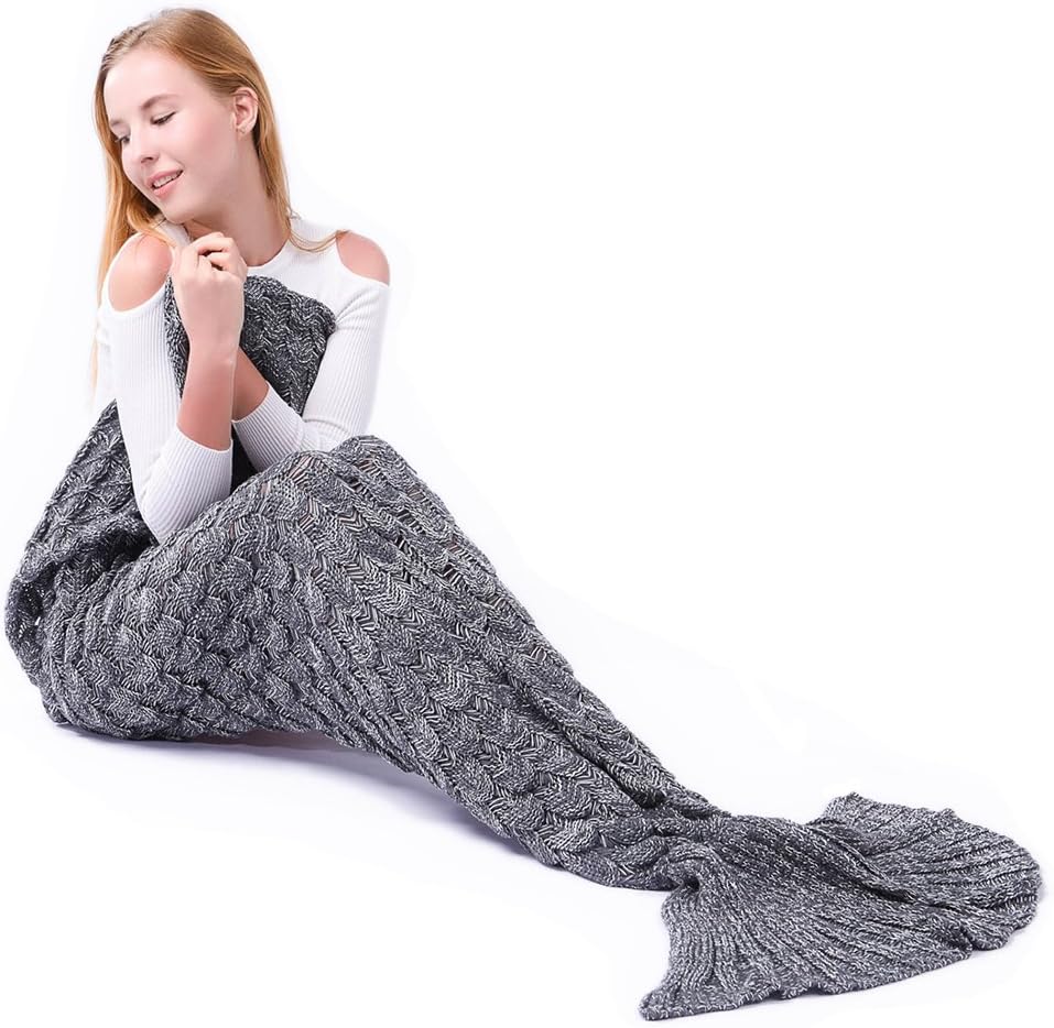 Calar Mermaid Tail Blanket for Girls Women Birthday Gifts, Warm Crochet Sofa Quilt Living room Sleeping Bag Fish Scale Pattern Gift for Adult, Grey