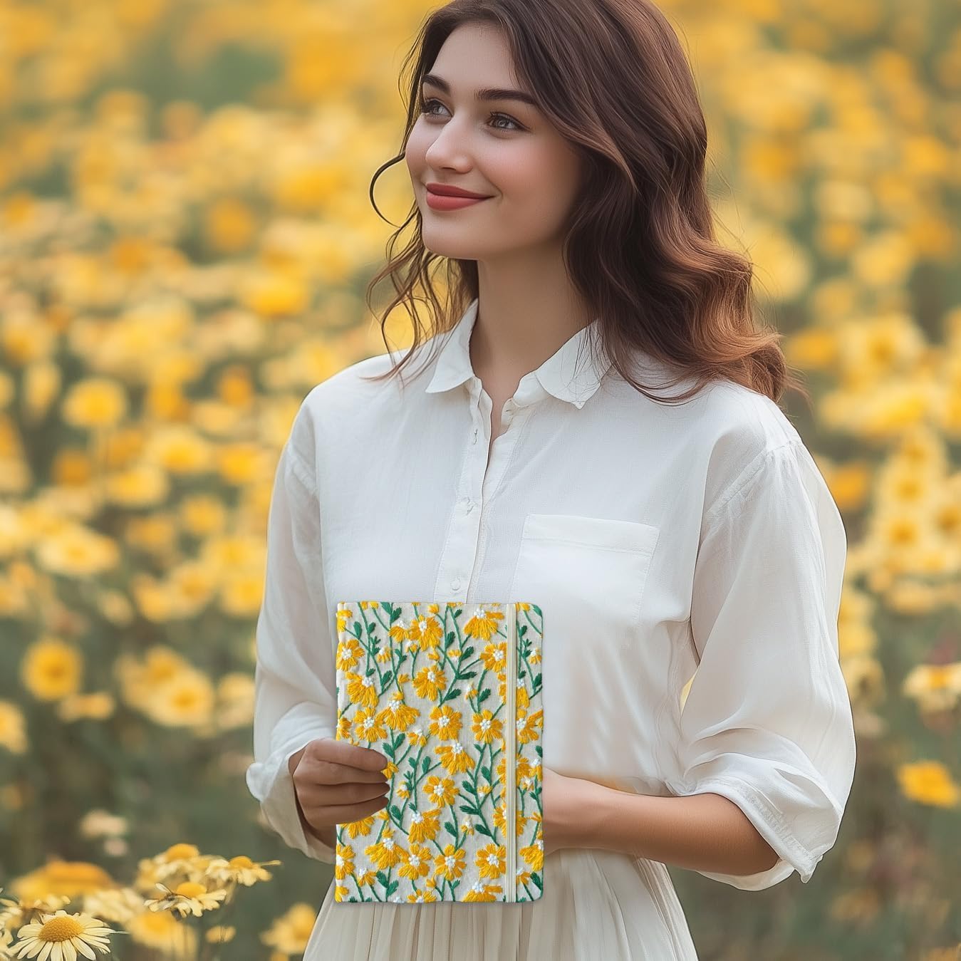 ipoul Graph Notebook, Grid Journal, Squared Paper, A5, 8"x6", Hardcover, Lay Flat, Flower Journal, Embroidered, Beautiful Journals for Women, Cute, Pretty, Daisy Gift, Yellow
