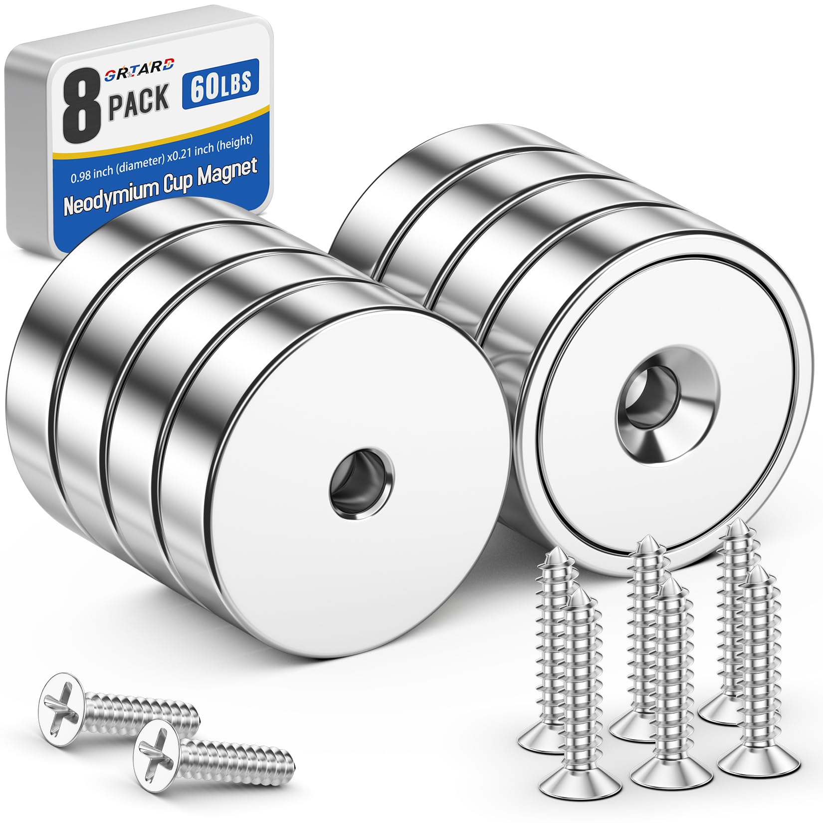 Grtard 8 Pack Neodymium Cup Magnets, 60LBS Holding Force Strong Rare Earth Magnets with Heavy Duty Countersunk Hole and Stainless Screws for Refrigerator, Tool Room, Science, Craft, Office and Garage