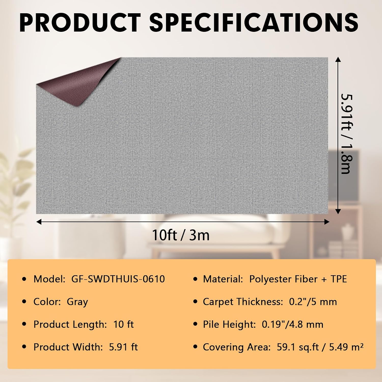 Grefinity Marine Carpet,6 FT x 10 FT Gray Indoor Outdoor Carpet 0.2" Thick Boat Carpet with Water-Proof TPE Backing, Non-Slide Outdoor Marine Carpet Roll for Home, Patio, Porch, Deck