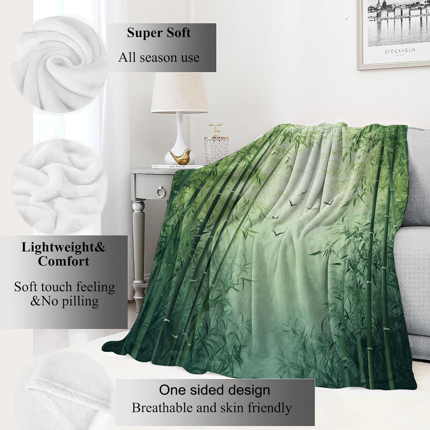 Forest Blanket Tranquil Green Bamboo Throw Blankets with Soaring Bird,Birthday Gifts for Women Girls,Lightweight Soft Fleece,for Sofa Couch Bed Room Zen Artistic Romantic Decor 50x60in