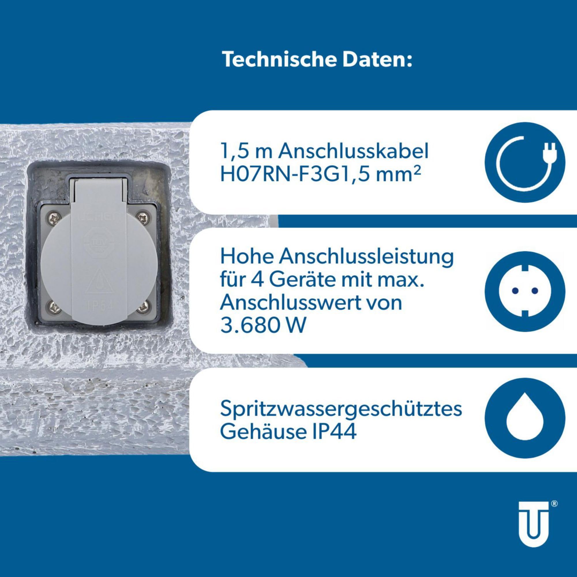 UNITEC Distributore di prese da giardino effetto pietra, presa da giardino, presa esterna, IP 44, 4 prese, colonna