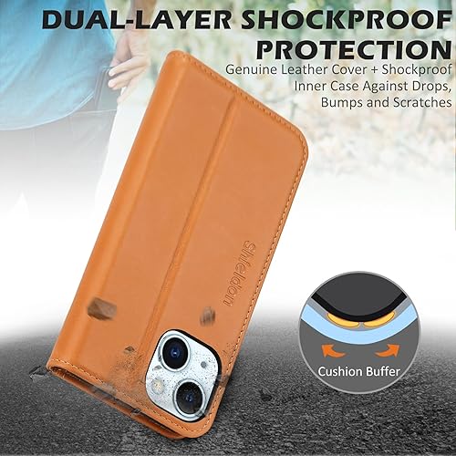 Miniatura 5 de SHIELDON Funda para iPhone 15 5G 2023, piel auténtica para iPhone 15, cartera con función atril, bloqueo RFID, tarjetero magnético a prueba de