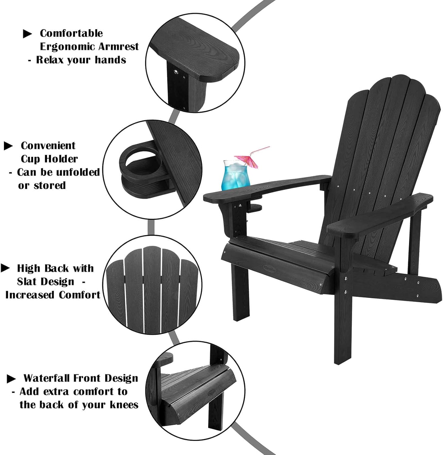 hOmeHua Hard Plastic Adirondack Chair Weather Resistant with Cup Holder, Imitation Wood Stripes, Easy to Assemble & Maintain, Outdoor Chair for Patio, Backyard Deck, Fire Pit & Lawn Porch - Black : Patio, Lawn & Garden