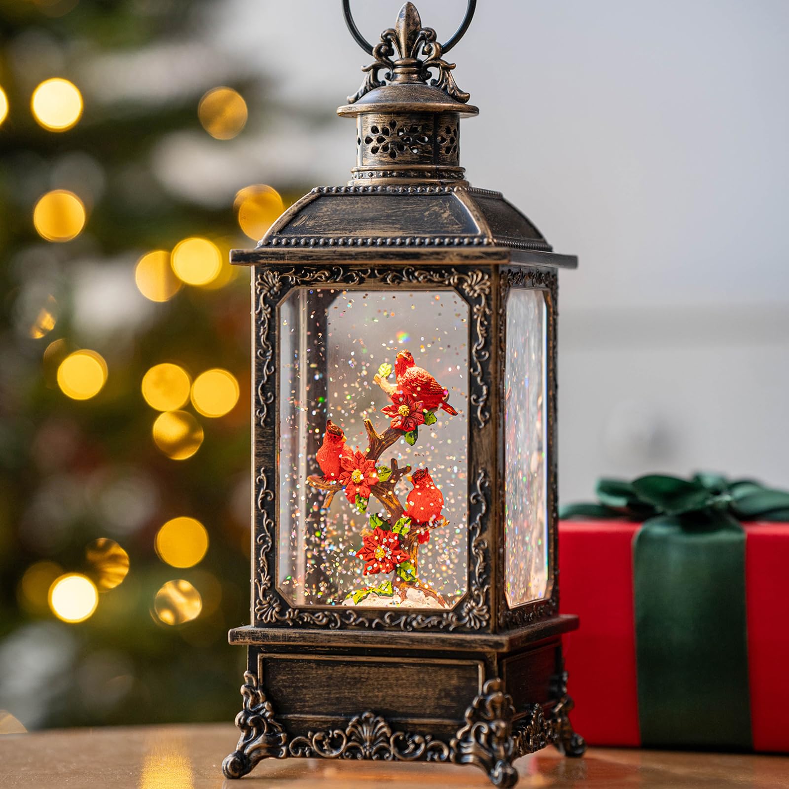 Christmas Snow Globe Water Glittering Cardinal Lantern with Music &amp; Timer, USB Lined/Battery Operated Lighted Lantern for Christmas Festival Decoration Gifts
