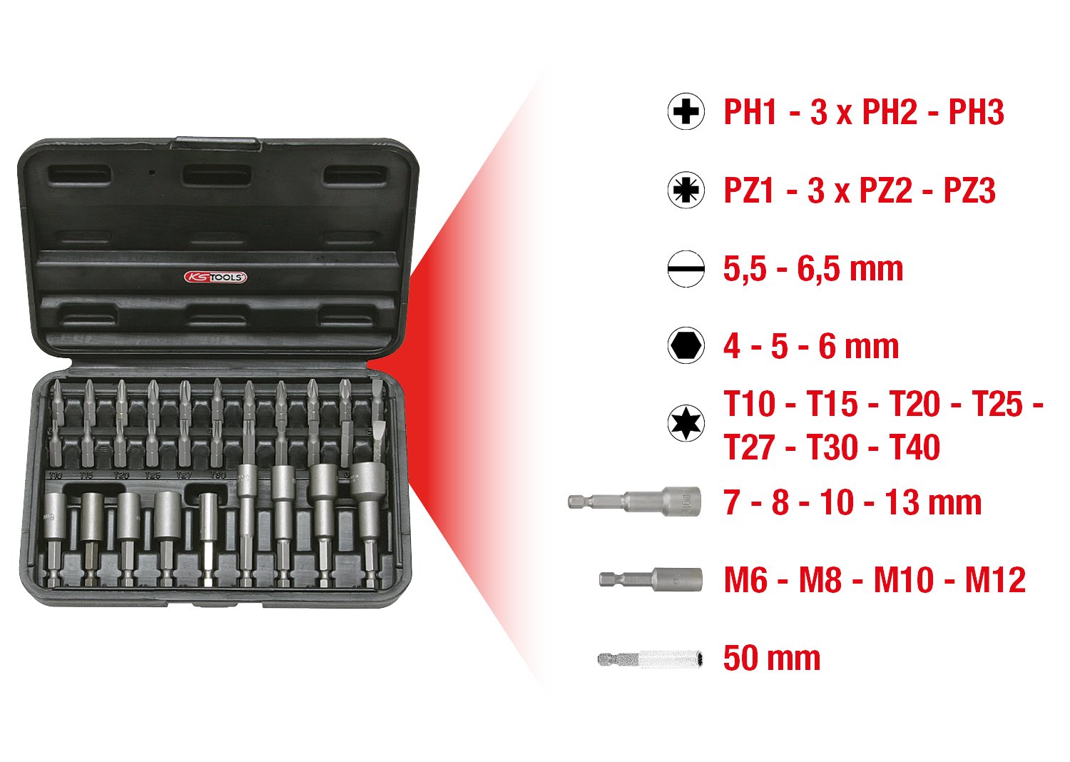 KS Tools 122.2100 Juego de atornilladores de punta de 1/4", 31 pzs