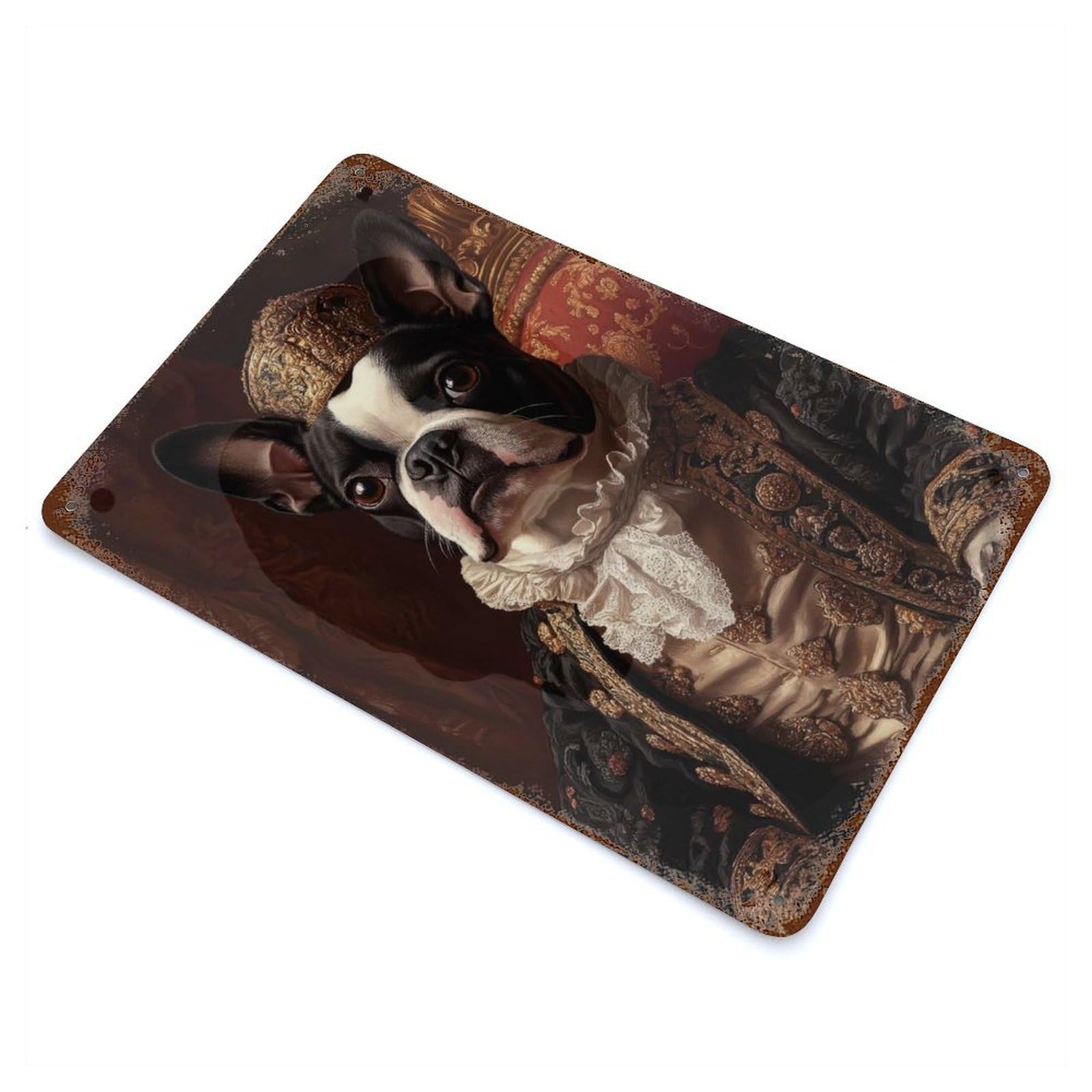 Boston Terrier Renaissance Noble Regal Dog Portrait Vintage Wall Sign 11.8"x7.9", Rust Effect Metal Decor for Living Room, Hallway And Home Decor